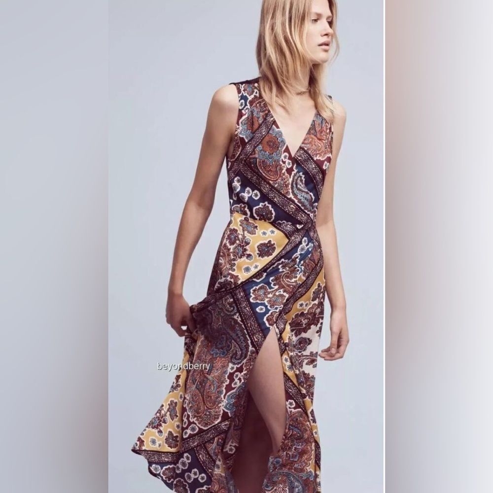ANTHRO Tiny Mountaire Bohemian-Chic Faux Wrap Paisley Maxi Dress $178. XS - Picture 2 of 5